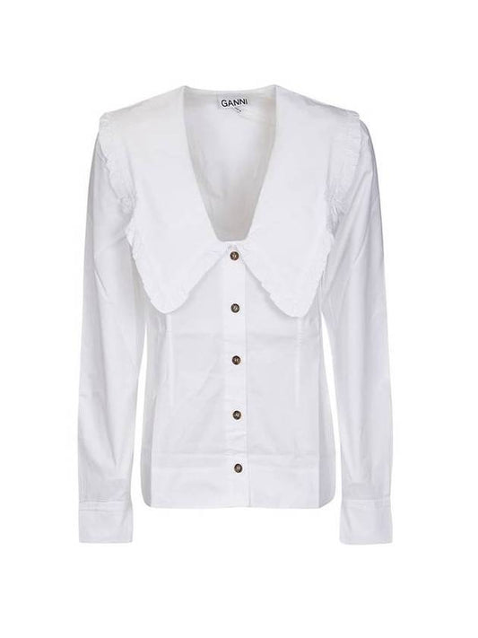 Women's Wide Collar Plunge Neck Cotton Shirt White - GANNI - BALAAN 1