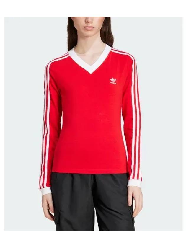 V Neck Cotton Long Sleeved T-Shirt Red - ADIDAS - BALAAN 2