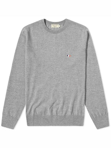 Tricolor Fox Patch Classic Round Neck Knit Top Grey Melange - MAISON KITSUNE - BALAAN 1