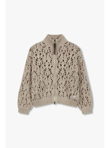 Women s Lace Tissue Zip Up Cardigan Dark Beige - BRUNELLO CUCINELLI - BALAAN 1