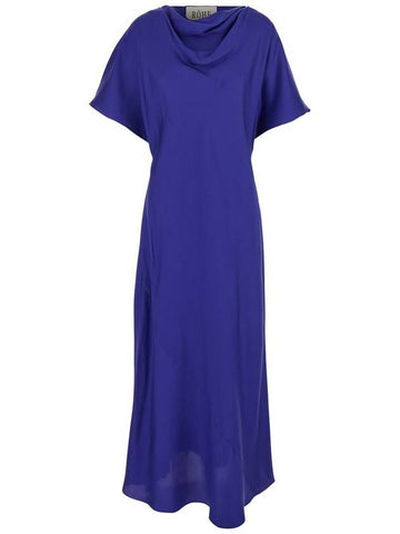 Blue Long Dress With Drapped High Neck And Short Wide Sleeves In Silk Woman - ROHE - BALAAN 1