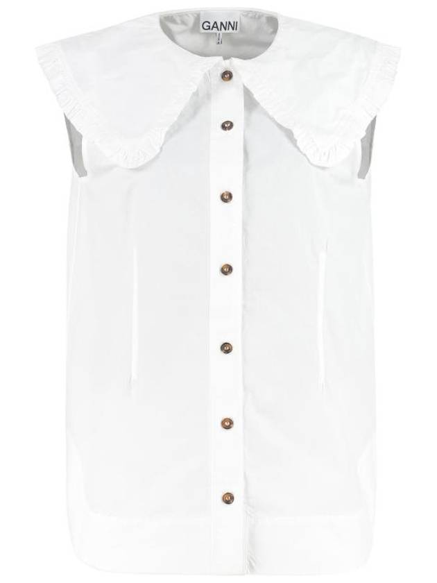 Ruffle Collar Button Sleeveless Shirt White - GANNI - BALAAN 1