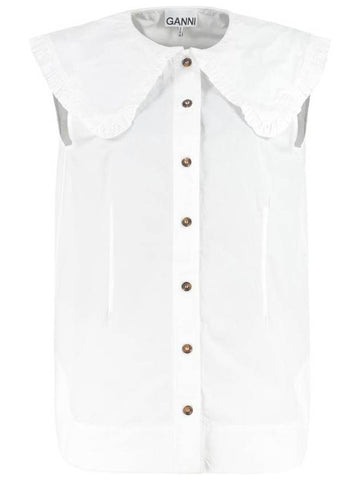 Ruffle Collar Button Sleeveless Shirt White - GANNI - BALAAN 1