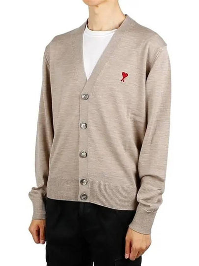 Red Heart Logo Merino Wool Cardigan Beige - AMI - BALAAN 2