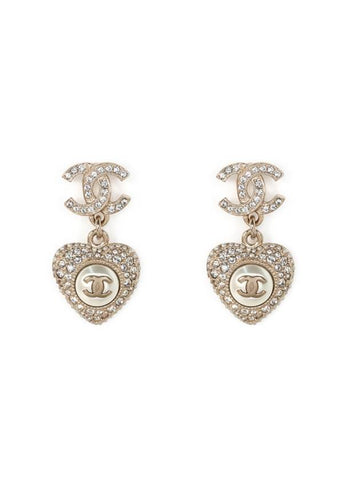 CC Logo Heart Drop Cubic Pearl Earrings Silver - CHANEL - BALAAN 1