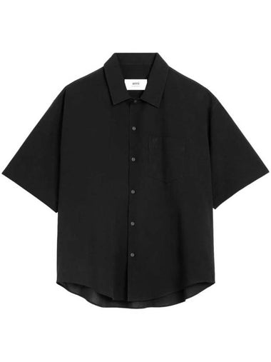 Embroidered Logo Cotton Short Sleeve Shirt Black - AMI - BALAAN 1