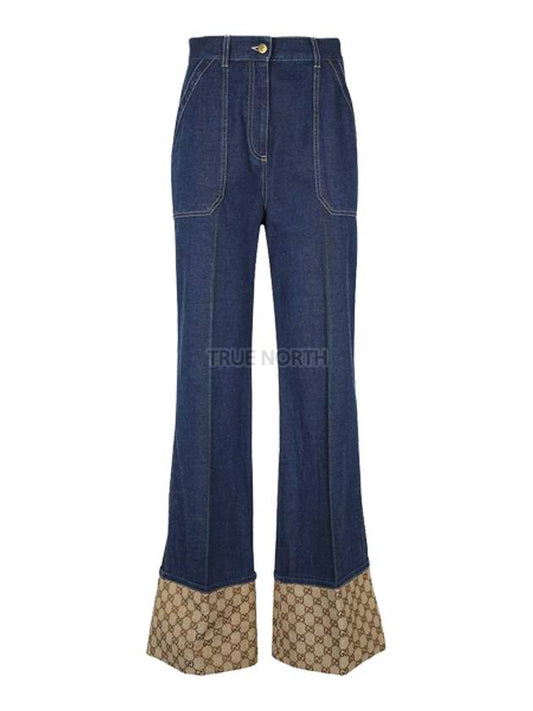 Women's GG Canvas Cuff Denim Wide Jeans Blue - GUCCI - BALAAN.