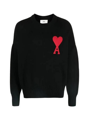 Embroidered Big Heart Oversized Fit Knit Top Black - AMI - BALAAN 1