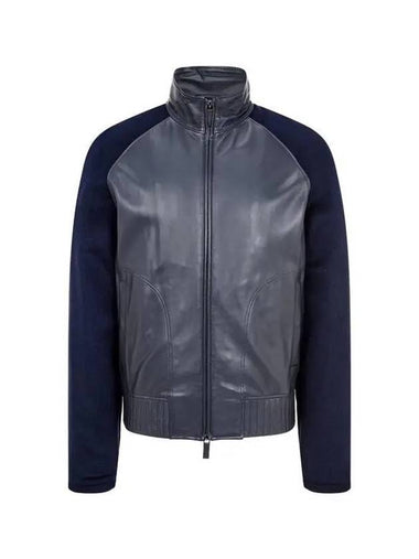 Men s Raglan Wool Sleeve Leather Jacket Navy - EMPORIO ARMANI - BALAAN 1