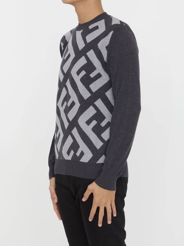 Monogram Jacquard Wool Crewneck Knit Top Grey - FENDI - BALAAN 4