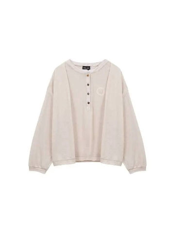 Women s Stitched Logo Henley Neck Pullover Melange Beige - GIORGIO ARMANI - BALAAN 1