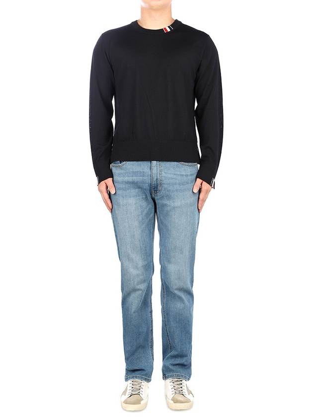 Intarsia Stitch Crew Neck Merino Wool Knit Top Navy - THOM BROWNE - BALAAN 3