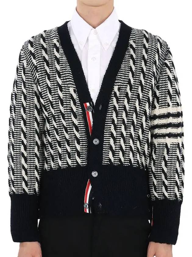 4-bar V-neck Twist Cable Knit Cardigan Navy - THOM BROWNE - BALAAN 3