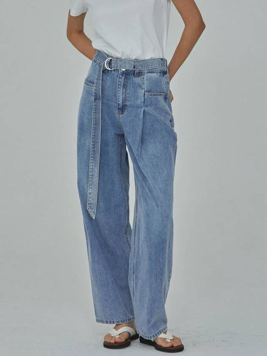 Denim Belt Tuck Wide Long Pants Indigo - RYUL+WAI: - BALAAN 1