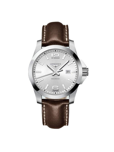 Men's Conquest Leather Watch Silver Brown - LONGINES - BALAAN 1