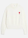 Small Heart Crewneck Cotton Wool Blend Knit Top Natural White - AMI - BALAAN 2