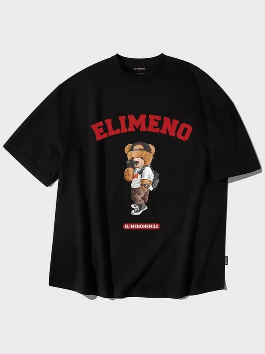 EL Selfie Bear Artwork Overfit Short Sleeve T-Shirt Black - ELIMENO - BALAAN 1