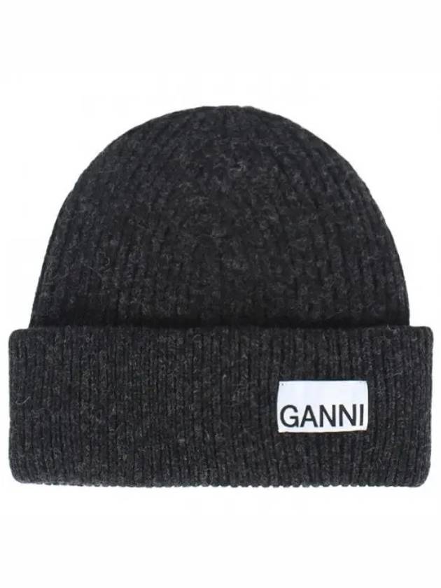 Logo Label Rib Knit Wool Beanie Dark Grey - GANNI - BALAAN 2