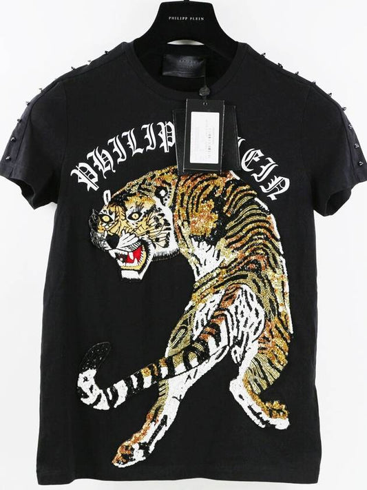 Women's Highest Price Beads and Jewelry Embroidered Large Tiger London Call Short Sleeve T-Shirt P18C WTK0669 PJY002N - PHILIPP PLEIN - BALAAN 1