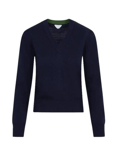 V-Neck Wool Knit Top Midnight Blue - BOTTEGA VENETA - BALAAN 1