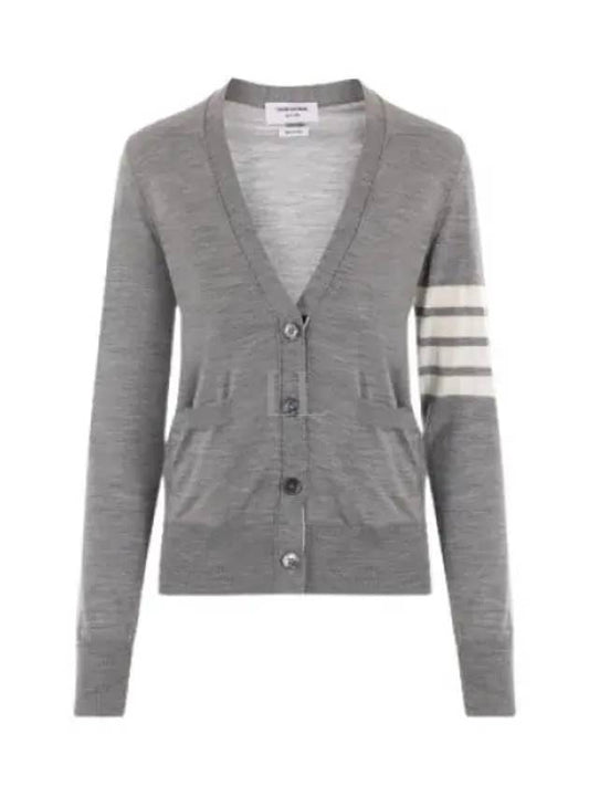 Sustainable Fine Merino Wool 4-Bar Relaxed Fit V-Neck Cardigan Light Grey - THOM BROWNE - BALAAN 2