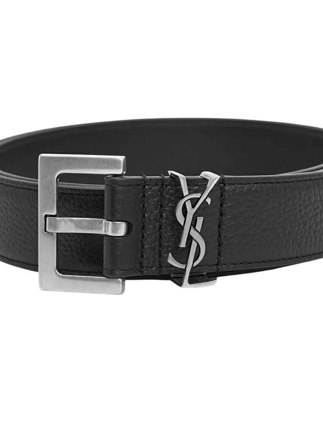 Grained Leather Silver Monogram Belt Black - SAINT LAURENT - BALAAN 4