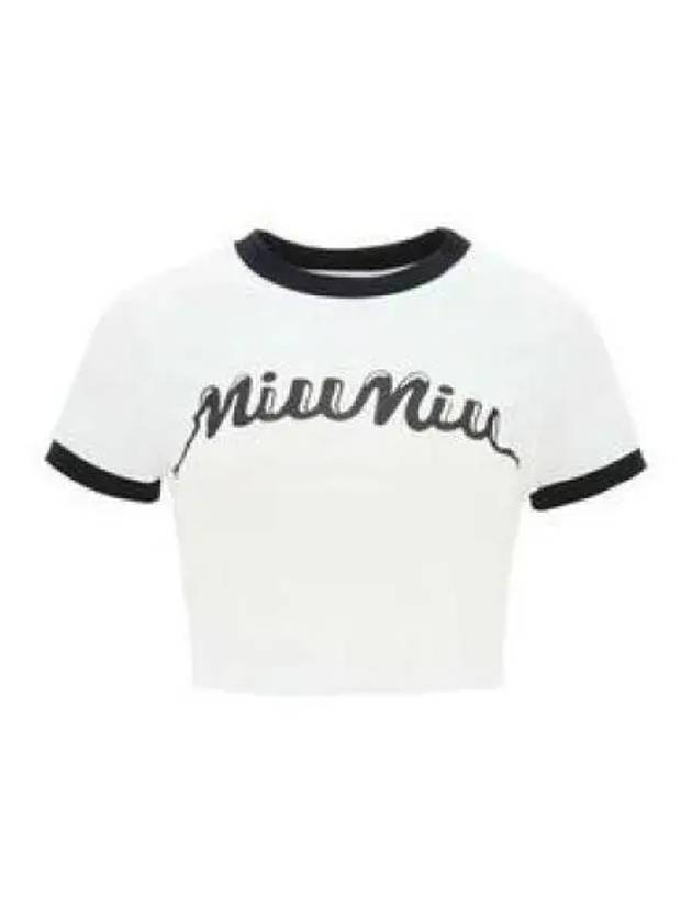 Logo Print Cropped Short Sleeve T-Shirt Black White - MIU MIU - BALAAN 2