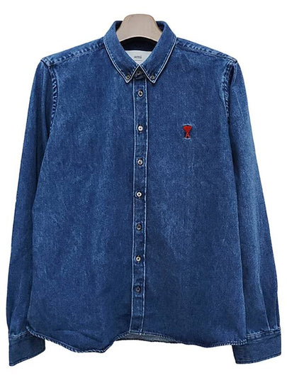 Heart Logo Button Down Denim Long Sleeve Shirt Navy - AMI - BALAAN 2