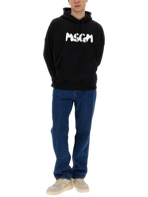 Brushed Logo Cotton Hoodie Black - MSGM - BALAAN 3