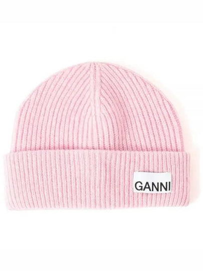 Wool Rib Knit Beanie Pink - GANNI - BALAAN 2