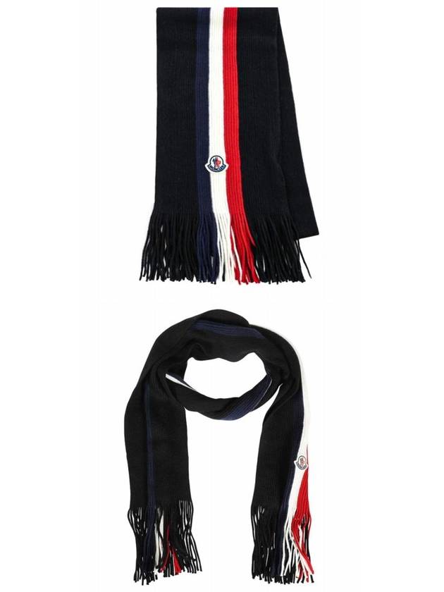 Tricolor Logo Patch Stripe Fringe Wool Muffler Black - MONCLER - BALAAN 6