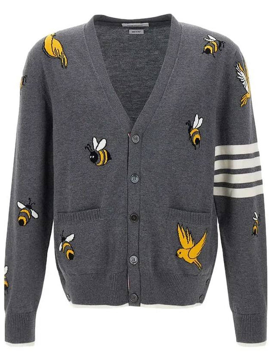 Men's Merino Bird Bee 4 Bar V-Neck Merino Cotton Cardigan Medium Grey - THOM BROWNE - BALAAN 2