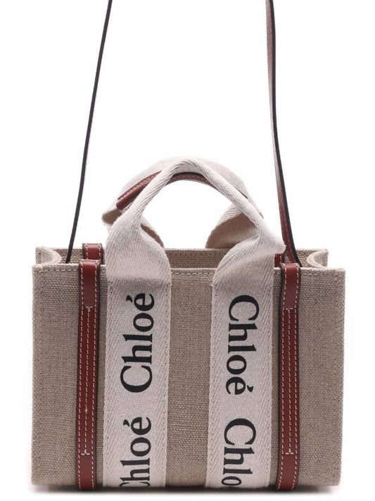 Woody Linen Canvas Calfskin Tote Bag White Brown - CHLOE - BALAAN 2