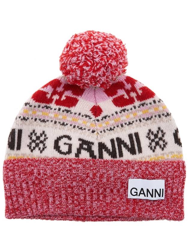 Logo Graphic Intarsia Knit Beanie Red - GANNI - BALAAN 2