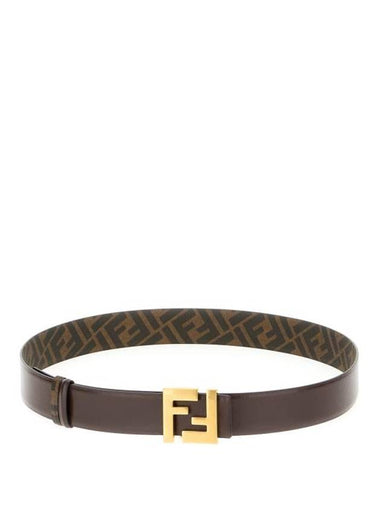 FF Square Buckle Reversible Leather Canvas Belt Brown - FENDI - BALAAN 1