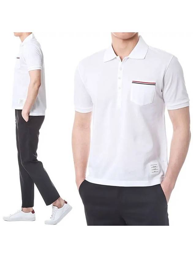 Men's Three Stripes Pocket Mercerized Short Sleeve Polo Shirt White - THOM BROWNE - BALAAN 3