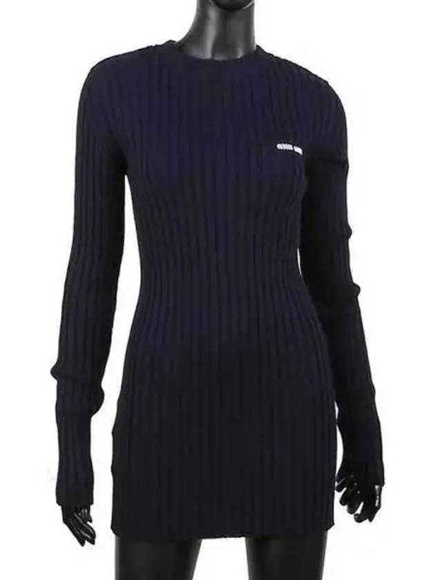 Ribbed Knit Back Zipper Cotton Mini Short Dress Navy - MIU MIU - BALAAN 2