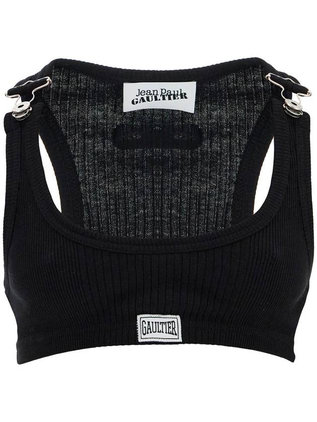 black cotton crop tank top with clip for overalls - JEAN PAUL GAULTIER - BALAAN 1