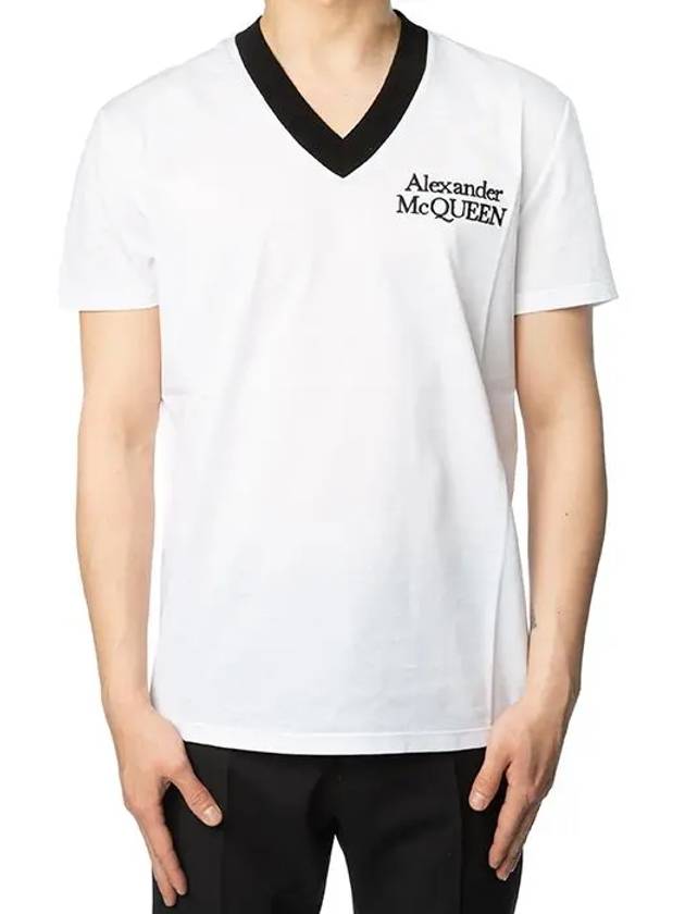 Embroiderd Logo V-neck Short Sleeve T-shirt White - ALEXANDER MCQUEEN - BALAAN 4