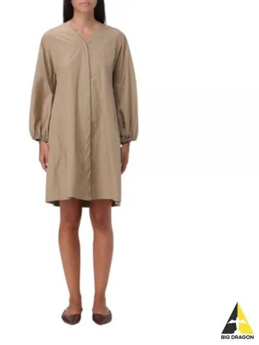 Miki V-Neck Cotton Short Dress Camel - MAX MARA - BALAAN 2