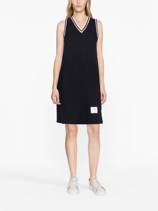 Women's Classic Pique Stripe V-Neck Cotton Tennis Dress Navy - THOM BROWNE - BALAAN 4