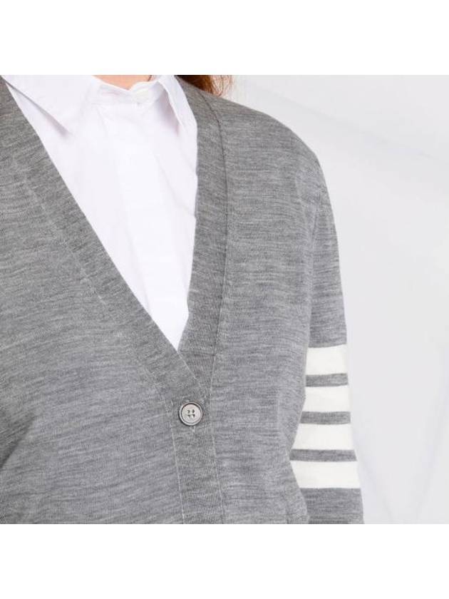 Sustainable Fine Merino Wool 4-Bar Relaxed Fit V-Neck Cardigan Light Grey - THOM BROWNE - BALAAN 5