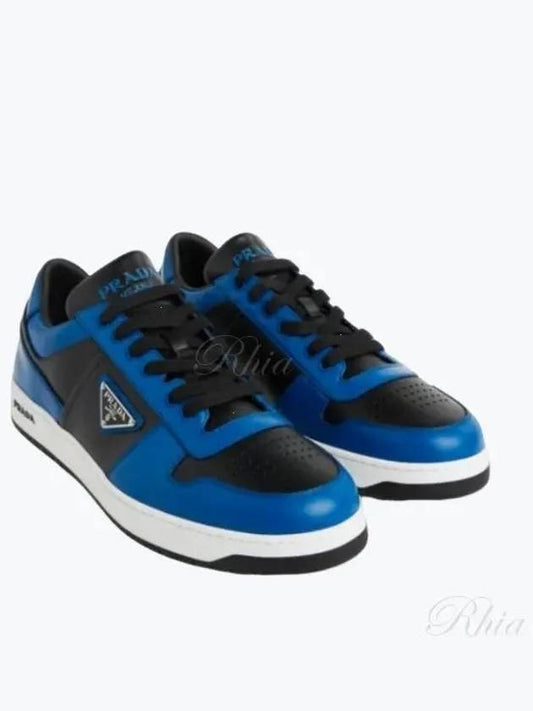 Men'S Downtown Triangle Logo Leather Low Top Sneakers Blue Black - PRADA - BALAAN 2