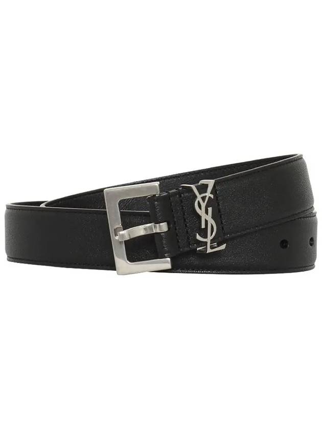 Silver Hardware Monogram Buckle Leather Belt Black - SAINT LAURENT - BALAAN 2