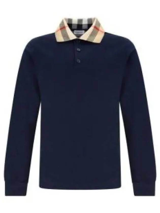 Check Collar Cotton Pique Long Sleeve Polo Shirt Smoke Navy - BURBERRY - BALAAN 2