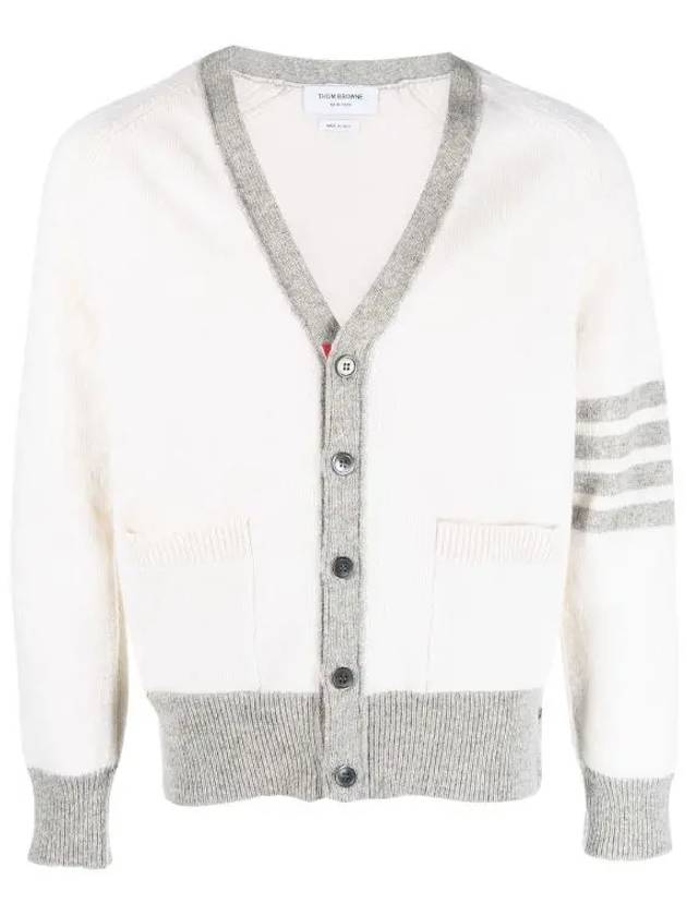 V-Neck 4-Bar Wool Cardigan White - THOM BROWNE - BALAAN 2