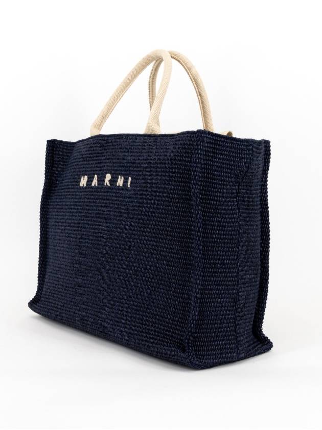 Embroidered Logo Raffia Tote Bag Navy - MARNI - BALAAN 4