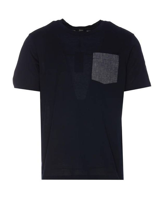 Denim Pocket Crew Neck Short Sleeve T-Shirt Navy - HERNO - BALAAN 1