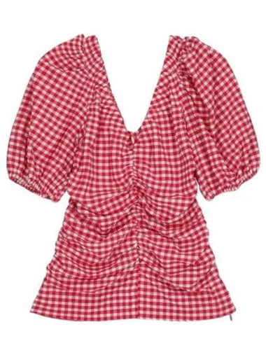 Gingham Check Seersucker Gather Shirt Red - GANNI - BALAAN 1