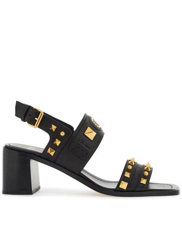 black buffalo leather sandals with golden studs and square heel - VALENTINO - BALAAN 1